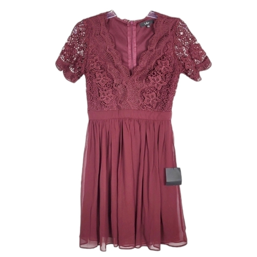 LULUS Angel in Disguise Burgundy Lace Skater Dress NWT wedding guest - Picture 2 of 5